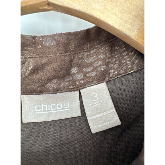 Chicos 3 Womens Brown faux suede animal print gold leaf Button-Up Shirt Size XL - Picture 2 of 3